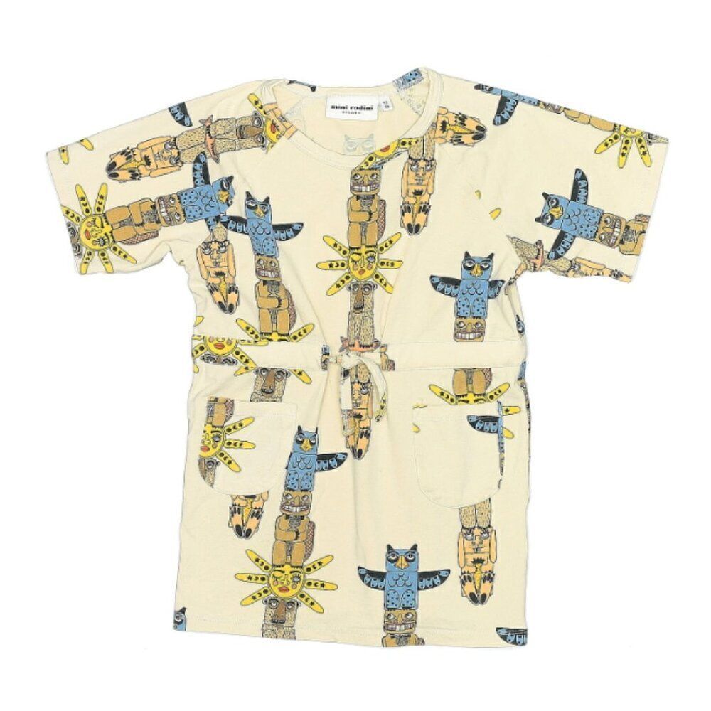 Mini Rodini Totem Print Short Sleeve Tie Waist T-Shirt Tee Dress Size 2